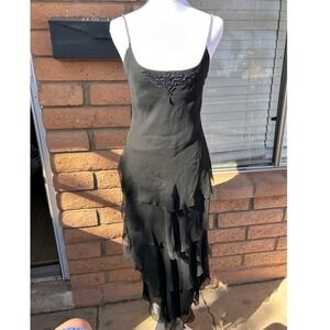 Mira Womens Black Silk Tiered Ruffle Midi Dress Beaded S Y2K Fairy Grudge Prom